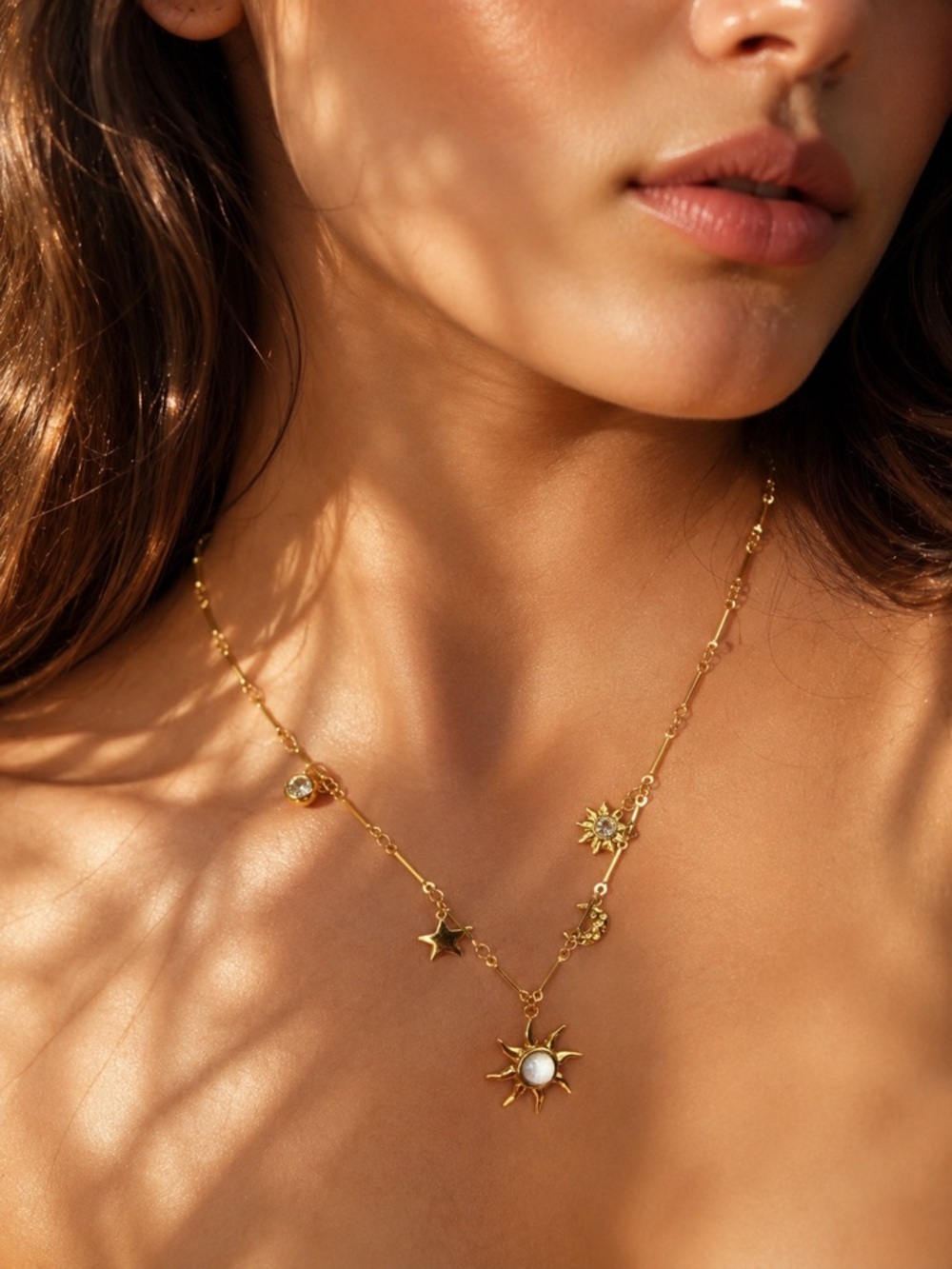 Star Moon Necklace 18K Gold Plated Sun & Celestial Charm - White Stone Stainless